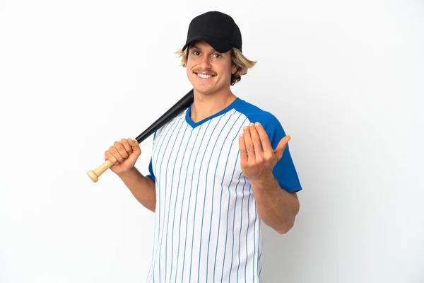 Mladý Blonďatý Muž Izolovaný Bílém Pozadí Hraje Baseball Zvou Ruce — Stock fotografie