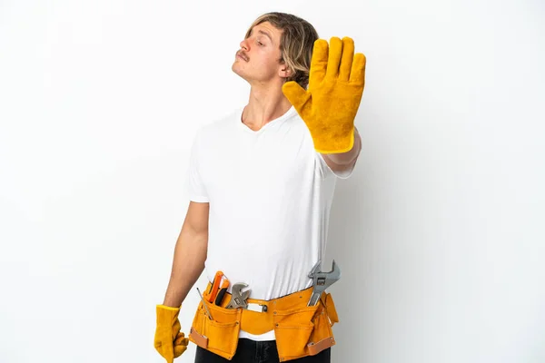 Young Electrician Blonde Man Isolated White Background Making Stop Gesture — Stock Photo, Image