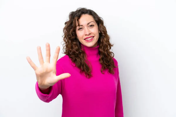 Jonge Blanke Vrouw Geïsoleerd Witte Achtergrond Tellen Vijf Met Vingers — Stockfoto