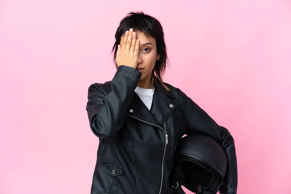 Young Uruguayan Woman Holding Motorcycle Helmet Isolated Pink Background Covering — ストック写真