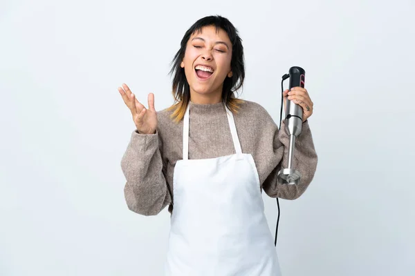 Chef Uruguayan Girl Using Hand Blender Isolated White Background Unhappy — стоковое фото