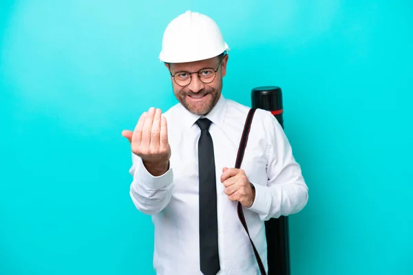 Middle Age Architect Man Helmet Holding Blueprints Isolated Blue Background — 스톡 사진