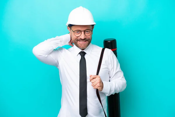 Middle Age Architect Man Helmet Holding Blueprints Isolated Blue Background — 스톡 사진