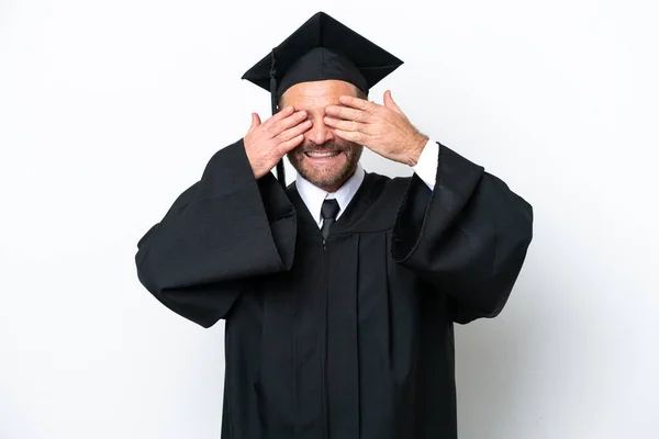 Middle Age University Graduate Man Isolated White Background Covering Eyes — стоковое фото
