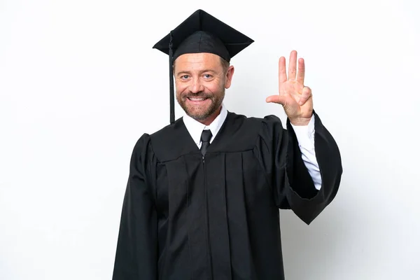 Middelbare Leeftijd Universitair Afgestudeerde Man Geïsoleerd Witte Achtergrond Gelukkig Tellen — Stockfoto
