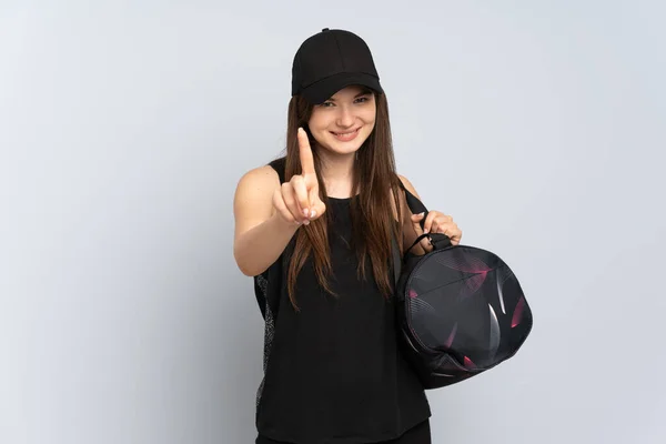 Young Ukrainian Sport Girl Sport Bag Isolated Grey Background Showing — Stock Photo, Image