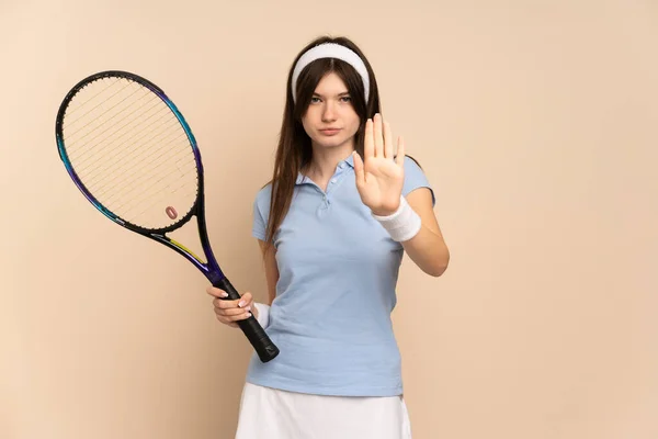 Fiatal Ukrán Lány Teniszező Felett Elszigetelt Fal Hogy Stop Gesztus — Stock Fotó