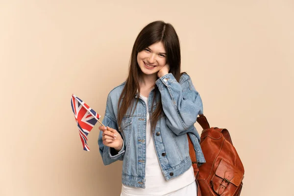 Young Ukrainian Girl Holding United Kingdom Flag Isolated Beige Background — Stock Photo, Image