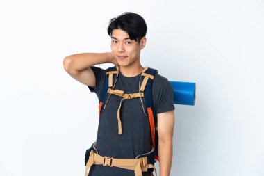 Mountaineer Chinese man with isolated on white background laughing