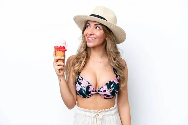 Girl Wearing Swimsuit Holding Cornet Ice Cream Isolated White Background — 스톡 사진