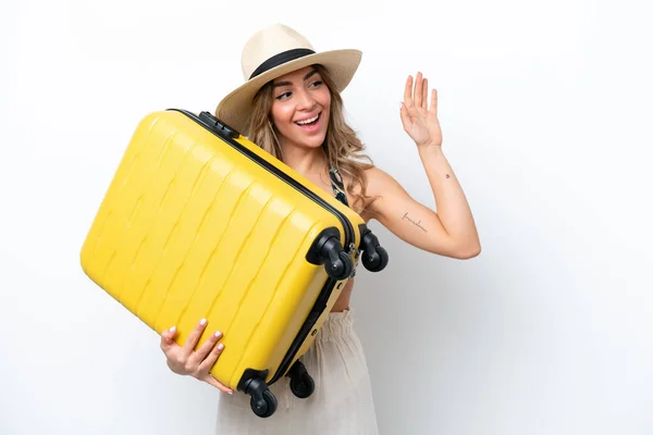 Girl Swimsuit Summer Holidays Isolated White Background Vacation Travel Suitcase — Fotografia de Stock