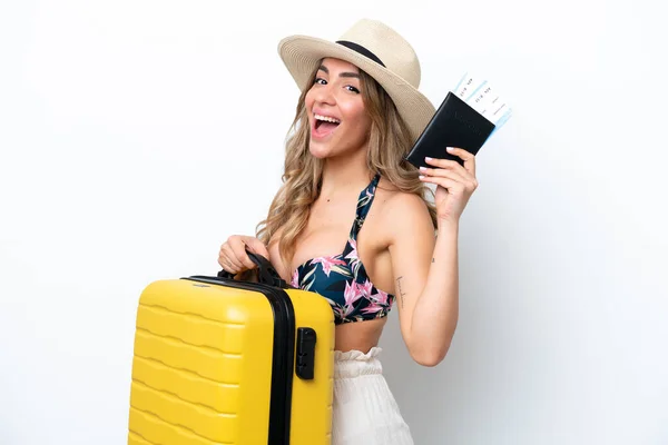 Girl Swimsuit Summer Holidays Isolated White Background Vacation Suitcase Passport — Fotografia de Stock