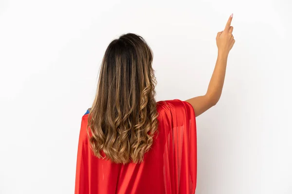 Super Hero Woman Isolated White Background Pointing Back Index Finger —  Fotos de Stock