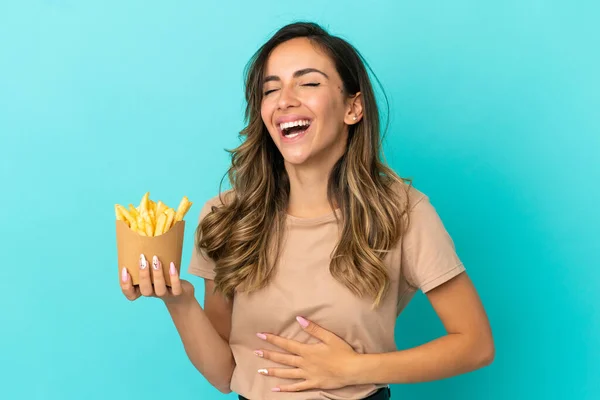 Young Woman Holding Fried Chips Isolated Background Smiling Lot — Stock Fotó