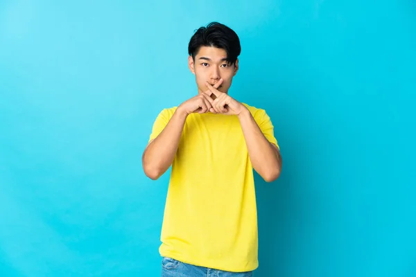 Young Chinese Man Isolated Blue Background Showing Sign Silence Gesture — 스톡 사진