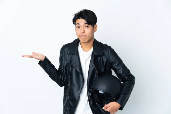 Chinese Man Motorcycle Helmet Isolated White Background Having Doubts While — Foto de Stock