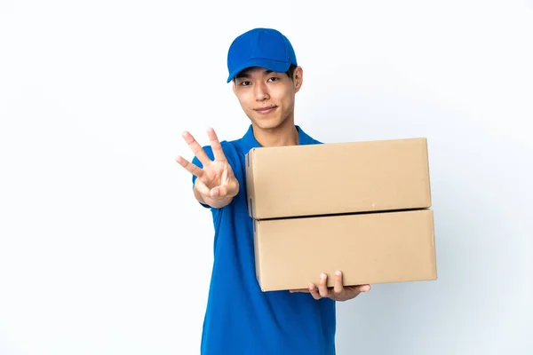 Delivery Chinese Man Isolated White Background Happy Counting Three Fingers — Fotografia de Stock