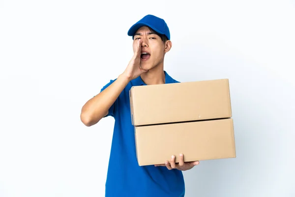 Delivery Chinese Man Isolated White Background Shouting Announcing Something — Stock Photo, Image
