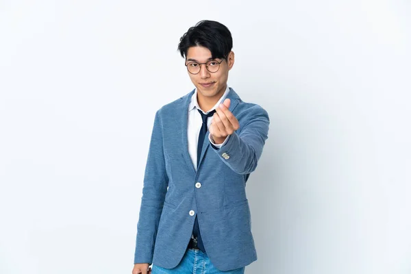 Young Chinese Business Man Isolated White Background Making Money Gesture — Foto de Stock