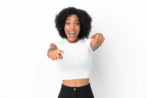 Young African American Woman Isolated White Background Surprised Pointing Front — Stock Photo, Image