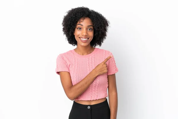 Young African American Woman Isolated White Background Pointing Side Present — Stock Photo, Image