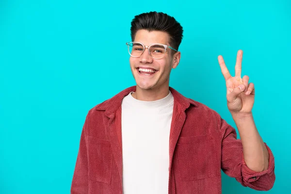 Young Handsome Caucasian Man Isolated Blue Bakcground Glasses Doing Sign — 스톡 사진