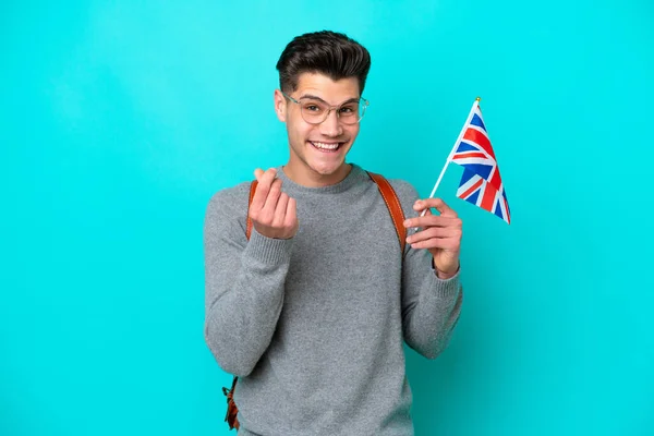 Junger Kaukasischer Mann Mit Britischer Flagge Auf Blauem Hintergrund Macht — Stockfoto