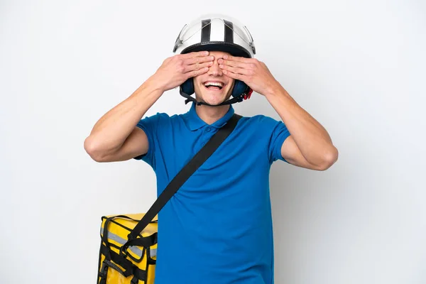 Young Caucasian Man Thermal Backpack Isolated White Background Covering Eyes — Stockfoto