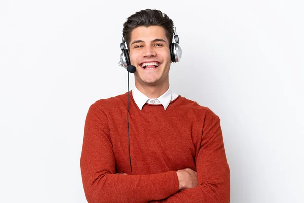 Telemarketer Caucasian Man Working Headset Isolated White Background Keeping Arms — Stok fotoğraf