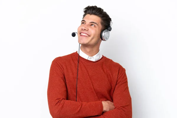 Telemarketer Caucasian Man Working Headset Isolated White Background Looking While — Stok fotoğraf