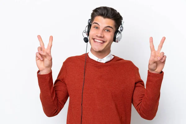 Telemarketer Caucasian Man Working Headset Isolated White Background Showing Victory — Fotografia de Stock