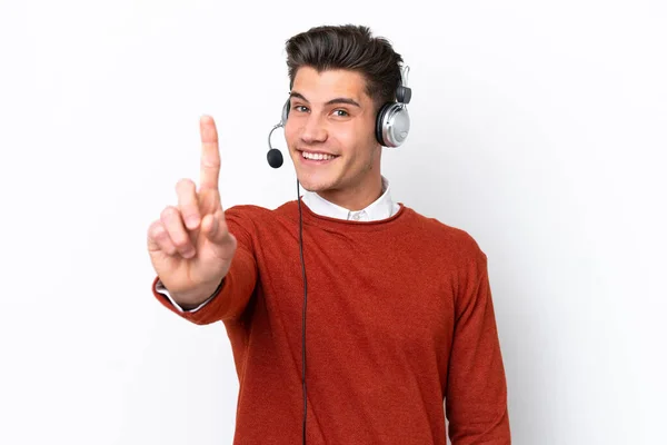 Telemarketer Caucasian Man Working Headset Isolated White Background Showing Lifting — Fotografia de Stock