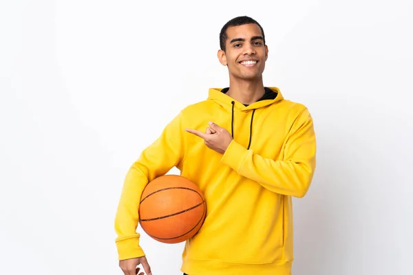 African American Man Isolated White Background Playing Basketball Pointing Lateral — Stok Foto