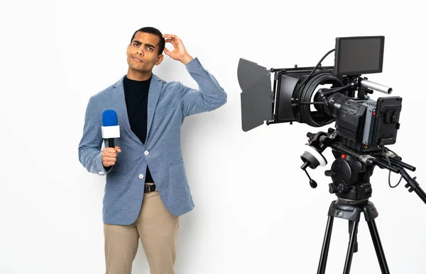 Reporter African American Man Holding Microphone Reporting News Isolated White — 스톡 사진