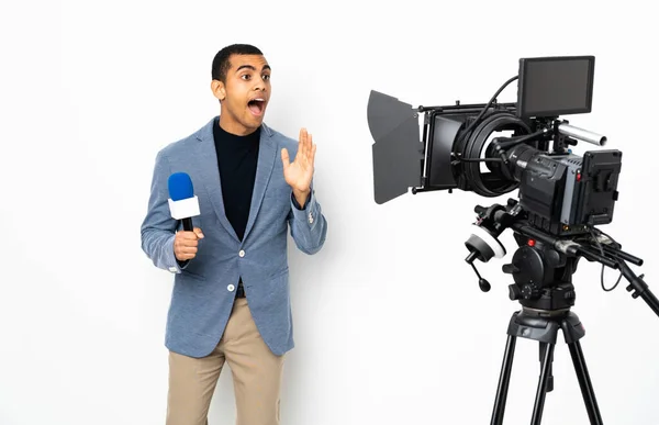 Reporter African American Man Holding Microphone Reporting News Isolated White — Stock Photo, Image