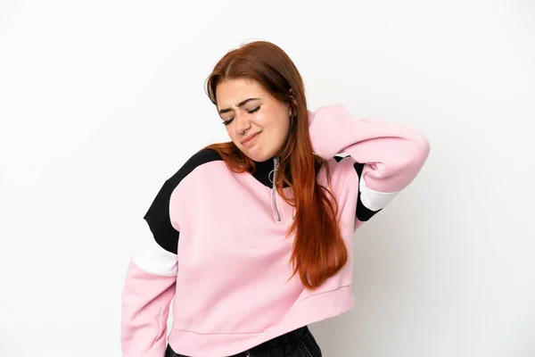 Young Redhead Woman Isolated White Background Neckache — Foto Stock