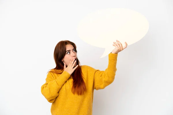 Young Redhead Woman Isolated White Background Holding Empty Speech Bubble — Stock Photo, Image