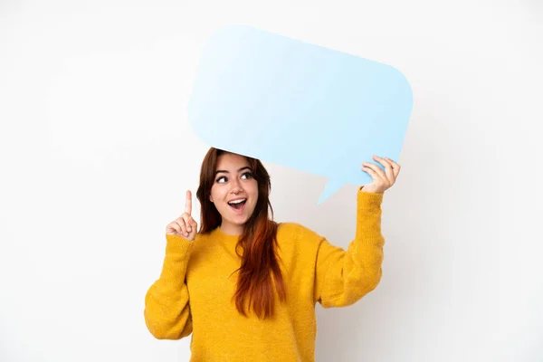 Young Redhead Woman Isolated White Background Holding Empty Speech Bubble — Stock Photo, Image