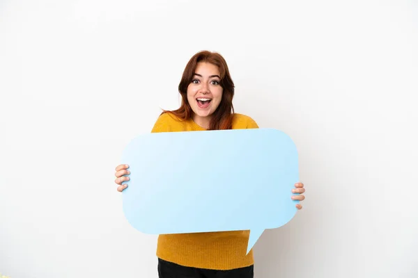 Young Redhead Woman Isolated White Background Holding Empty Speech Bubble — Fotografia de Stock
