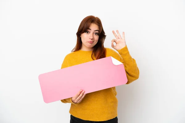 Young Redhead Woman Isolated White Background Holding Empty Placard Doing — Foto Stock