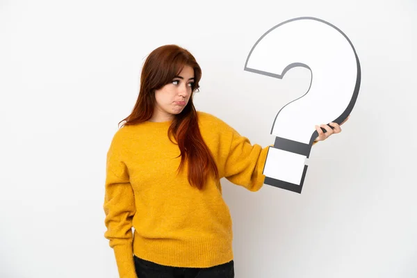 Young Redhead Woman Isolated White Background Holding Question Mark Icon — Zdjęcie stockowe
