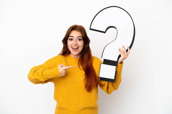 Young Redhead Woman Isolated White Background Holding Question Mark Icon — Stockfoto