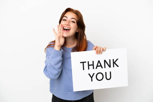 Young Redhead Woman Isolated White Background Holding Placard Text Thank — Stockfoto