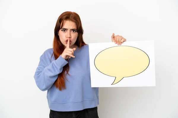 Young Redhead Woman Isolated White Background Holding Placard Speech Bubble — Stock Photo, Image