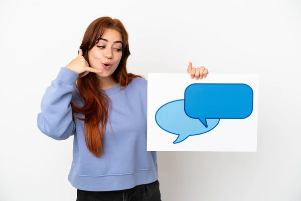 Young Redhead Woman Isolated White Background Holding Placard Speech Bubble — Fotografia de Stock
