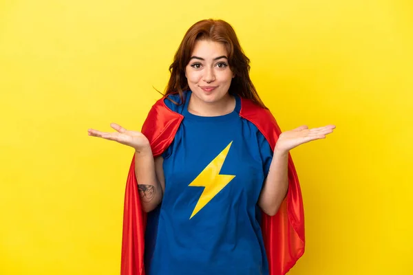 Super Hero Redhead Woman Isolated Yellow Background Having Doubts While — Photo