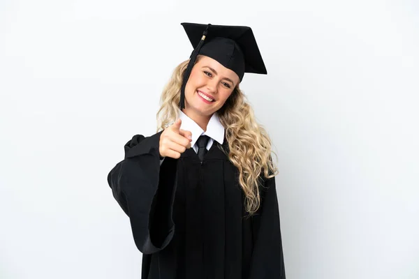 Jovem Universitária Graduada Mulher Isolada Fundo Branco Apontando Frente Com — Fotografia de Stock