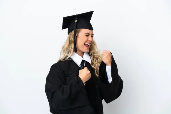 Jovem Universitária Graduada Mulher Isolada Fundo Branco Comemorando Uma Vitória — Fotografia de Stock