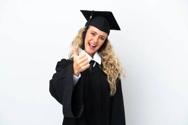 Νεαρή Απόφοιτος Πανεπιστημίου Γυναίκα Απομονωμένη Λευκό Φόντο Τους Αντίχειρες Επάνω — Φωτογραφία Αρχείου