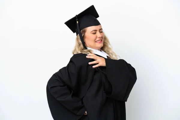 Νεαρή Απόφοιτος Πανεπιστημίου Γυναίκα Απομονωμένη Λευκό Φόντο Που Υποφέρει Από — Φωτογραφία Αρχείου